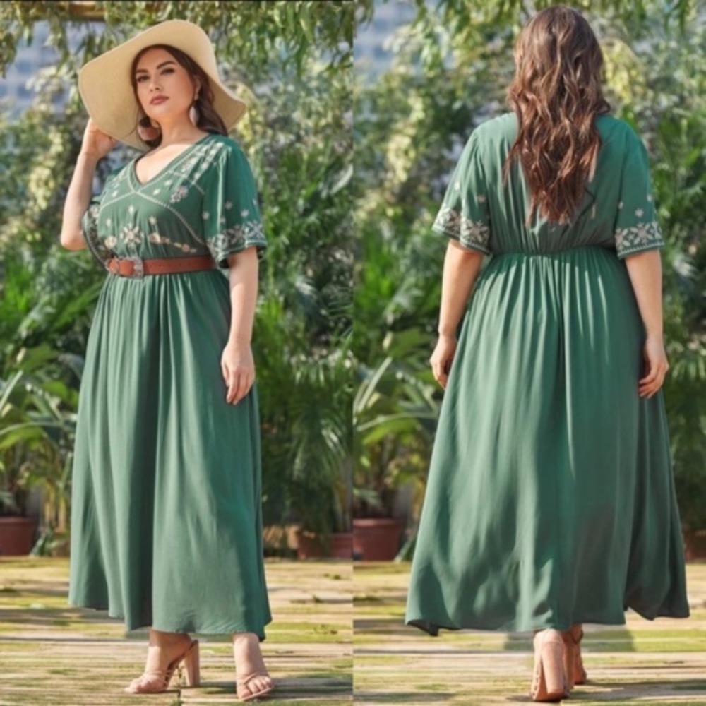 PLUS Boho Green V neck Floral Embroidered A-line Dress - Picture 4 of 13
